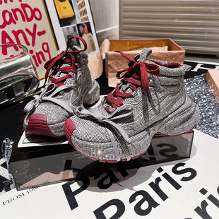 女鞋 加绒运动鞋 水钻满钻奢华绑带炸街加绒高帮休闲老爹鞋 欧货新款