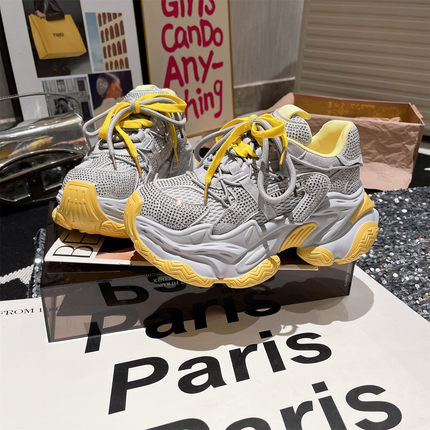 真皮版~新年红水钻拼色厚底松糕老爹鞋运动鞋小白鞋小个子7cm女鞋