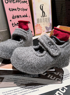 欧货毛呢毛毛鞋一字魔术贴玛丽珍厚底松糕单鞋小个子7cm大头女鞋