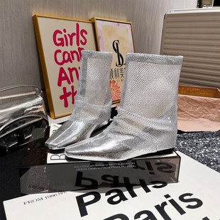 欧美风轻奢水钻网纱短靴女银色尖头内增高百搭时装 管靴堆堆靴 靴裤