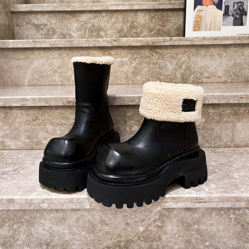 真皮翻领短靴雪地棉靴厚底女鞋