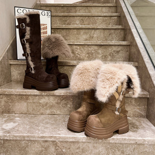 两穿厚底松糕小个子9cm长筒骑士靴雪地棉靴女鞋 韩版 翻领大毛毛鞋