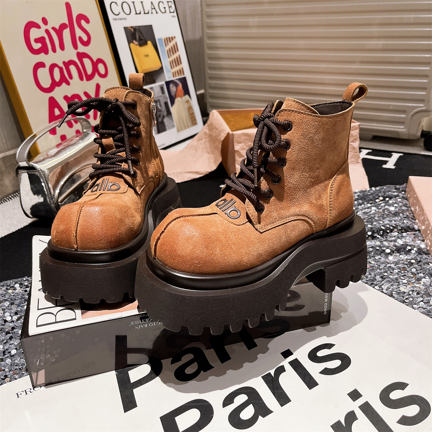 欧货真皮磨砂皮擦色大头字母马丁靴机车靴短靴加绒棉靴工装靴女鞋