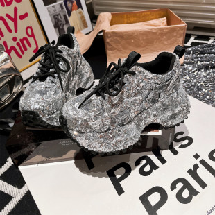 小个子7cm女鞋 休闲鞋 运动鞋 欧洲站ins超闪亮片系带厚底松糕老爹鞋