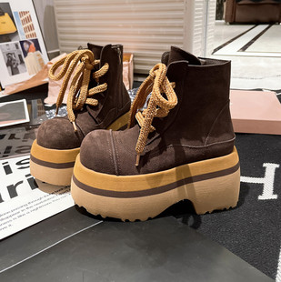 增高短靴小个子9cm机车靴女鞋 欧货真皮工装 靴厚底松糕马丁靴女鞋