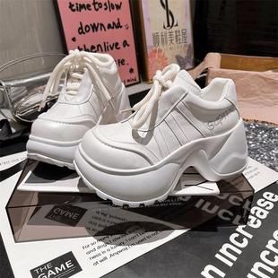 女 增高小个子8CM休闲系带面包鞋 欧货真皮珠光白小白鞋 厚底松糕鞋