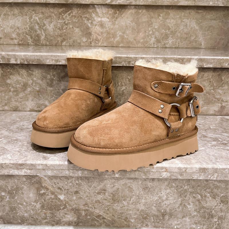 皮带扣厚底加绒欧洲站雪地靴冬季