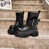 金属扣厚底松糕毒液靴烟筒靴辣妹切尔西靴短靴女鞋 真皮版 走秀款