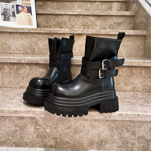 金属扣厚底松糕毒液靴烟筒靴辣妹切尔西靴短靴女鞋 真皮版 走秀款