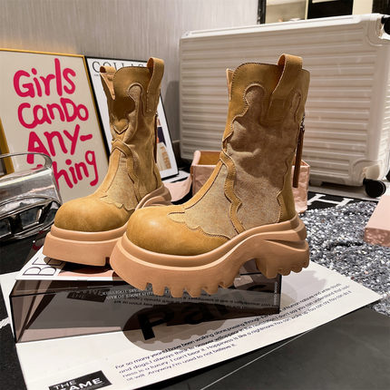 马丁靴女ins超火大头牛仔拼接工装大黄靴机车靴小个子7cm显瘦女鞋