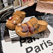 懒人鞋 托外穿搭扣一脚蹬防滑勃肯鞋 女鞋 可爱风卡通小熊包头半拖鞋