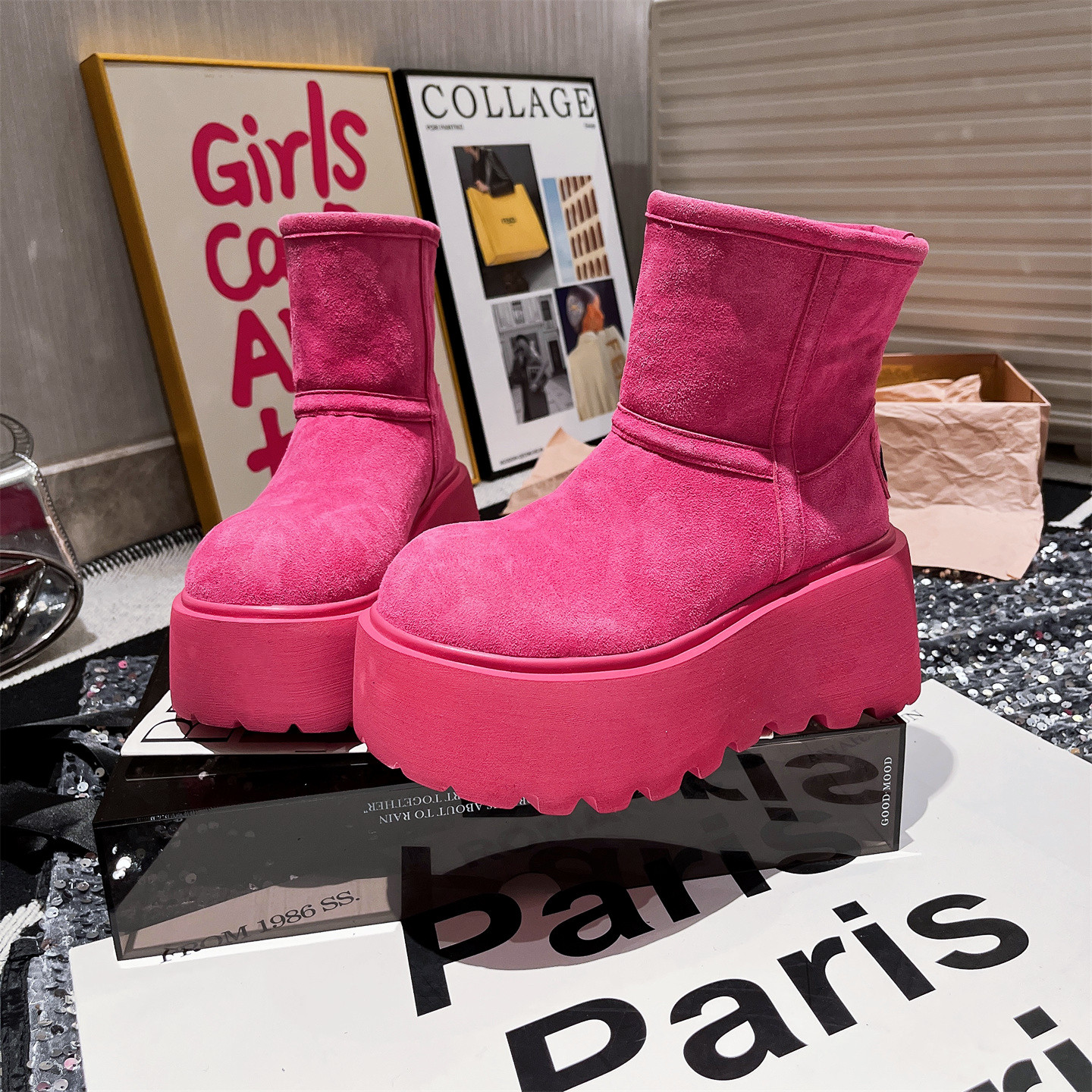 真皮机车靴加厚雪地棉靴豹纹女鞋