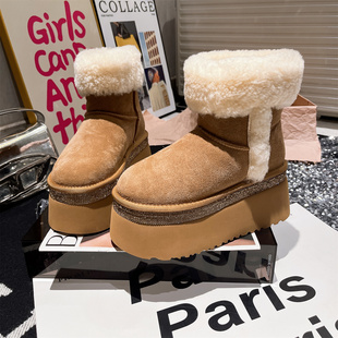 牛皮羊毛版 8cm小个子毛毛厚底松糕水钻雪地棉靴卡皮巴拉增高女鞋