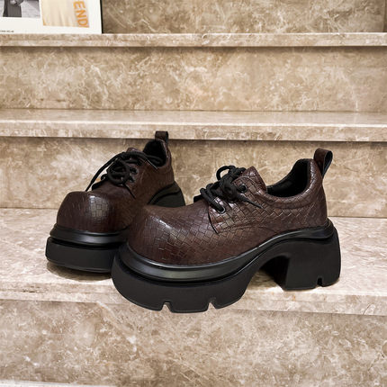 7cm~欧洲站真皮复古编织JK小皮鞋英伦小个子乐福鞋布洛克方跟女鞋