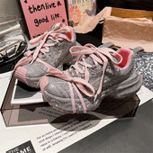 老爹鞋 小众设计帅气女鞋 女ins超火水钻满钻绑带休闲鞋 红色老爹鞋