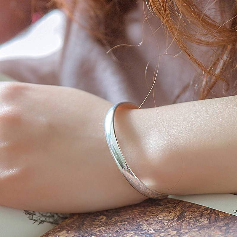 贵妃银手镯实心9999纯银女宽面扁款新款简约时尚光面手镯足银镯子