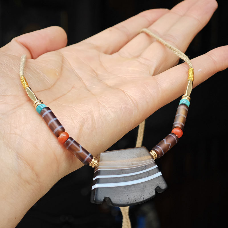 天然老线珠缠丝玛瑙片西藏天珠配珠虎牙桶珠锁骨链项链颈链藏传