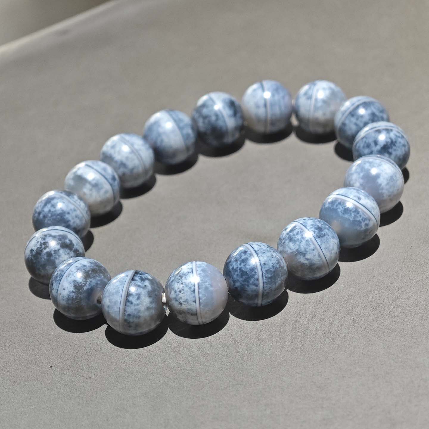 12MM藏传老灰皮蓝沁一线药师玛瑙手串手链文玩配饰藏传男女款手钏