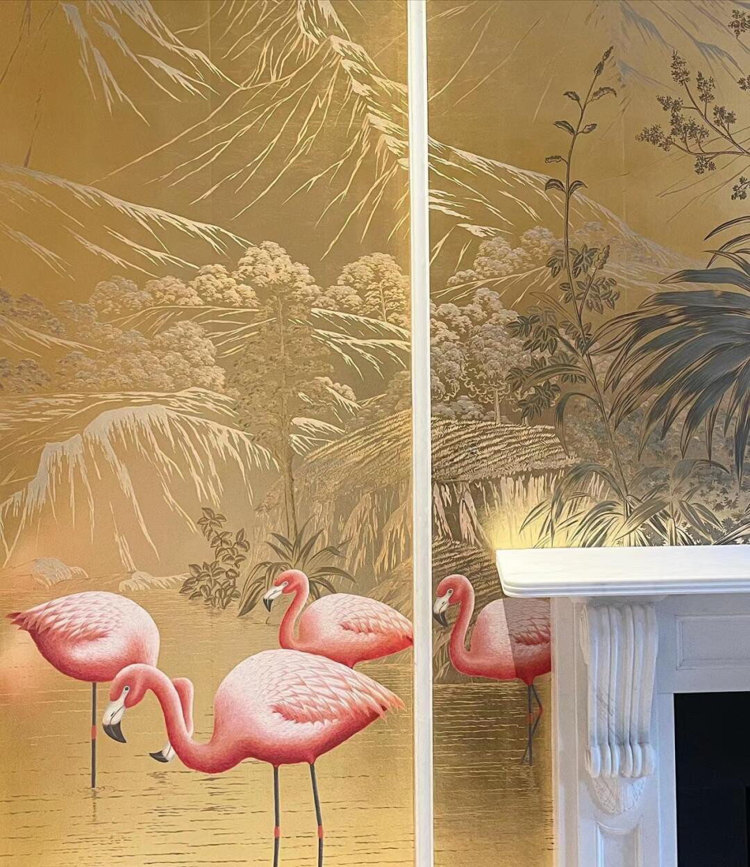 金箔手绘壁画 墙纸 火烈鸟系列定制壁画