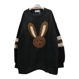 欧洲站冬季卡通兔刺绣圆领加绒卫衣女宽松加厚中长款拼接上衣