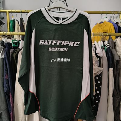 百系儿童春秋v领套头卫衣美式复古印花拼接撞色长袖上衣男女童