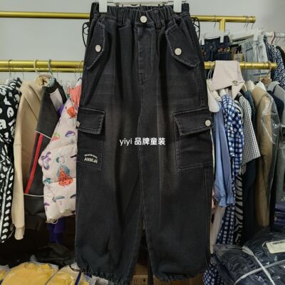 安系秋冬儿童加绒裤子男童宽松休闲一体绒牛仔工装裤薄绒束脚长裤