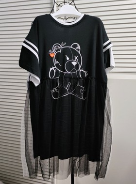 ixt青少年夏季短袖假两件连衣裙女大童针织印花洋气网纱拼接裙子