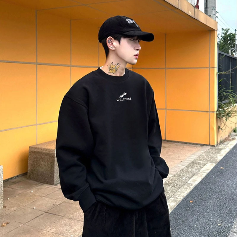 WE11DONE TRACK美式潮牌高街WELLDONE加绒宽松圆领重磅卫衣男秋冬