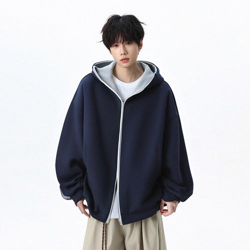 FIDO DIDO双面穿开衫外套小众美式重磅宽松连帽拉链卫衣男女秋冬