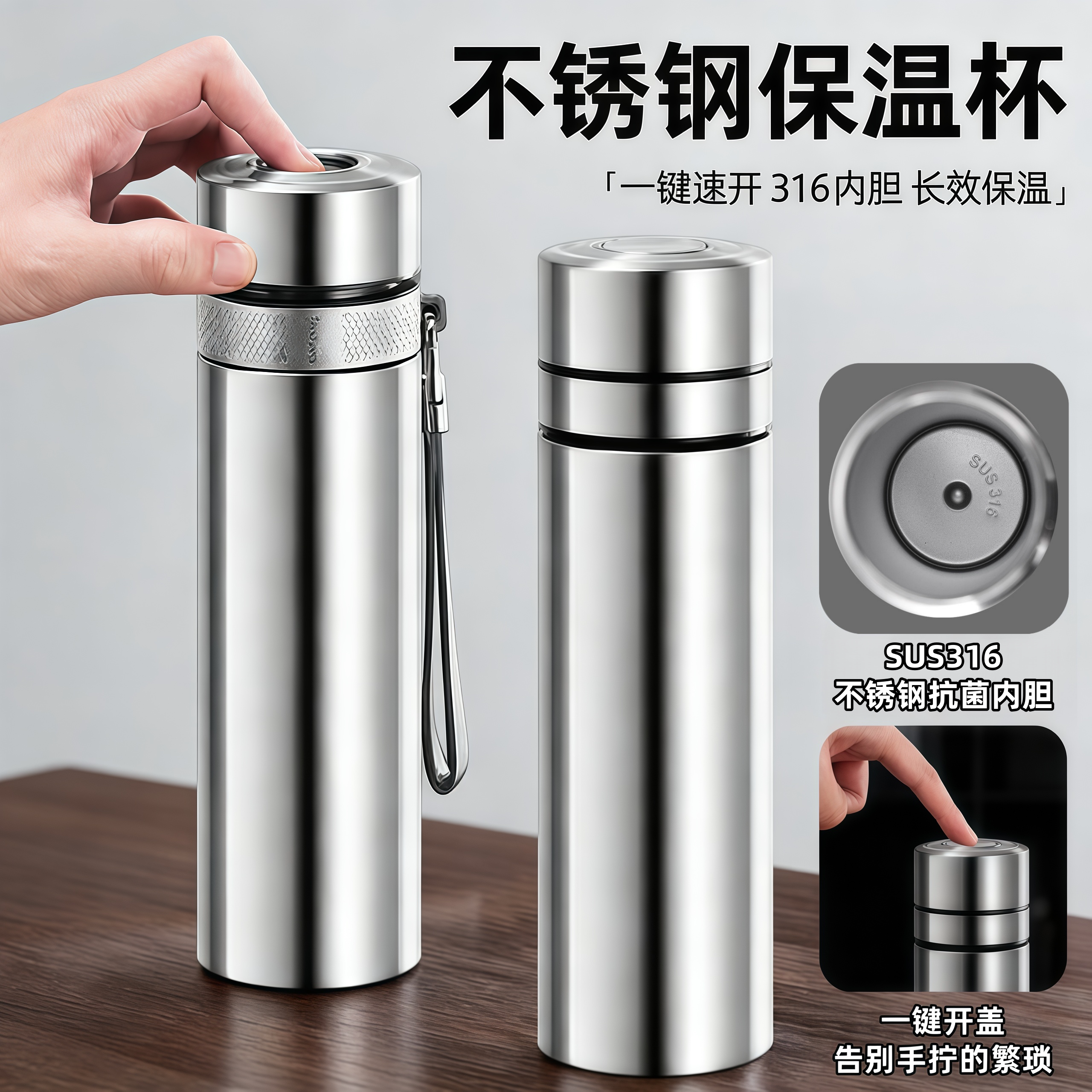 新款316不锈钢速开杯一键开盖保温杯男士茶水分离泡茶杯车载水杯