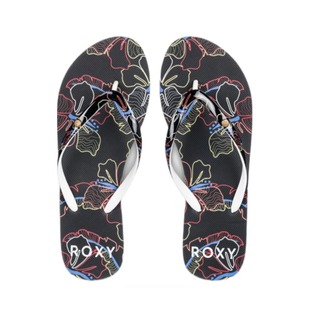 Roxy 潮酷风橡胶女士人字拖黑底多彩花卉印花沙滩凉拖鞋