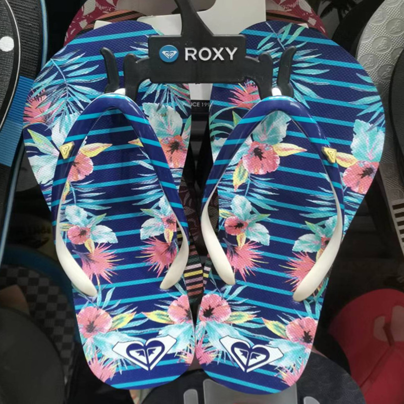 现货水钻ROXY2025夏季新款蓝色条纹带子凉拖鞋女简约时尚百搭风