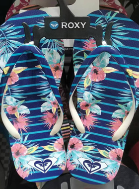 现货水钻ROXY2025夏季新款蓝色条纹带子凉拖鞋女简约时尚百搭风