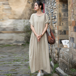 棉麻连衣裙夏季高端亚麻禅意佛系女装新中式扎染无袖长裙子禅修服