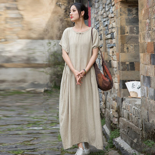 棉麻新中式连衣裙高端亚麻长裙子