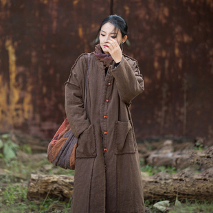 新中式棉服女复古中国风棉袄磨毛流浪风禅意棉衣长款棉麻夹棉外套