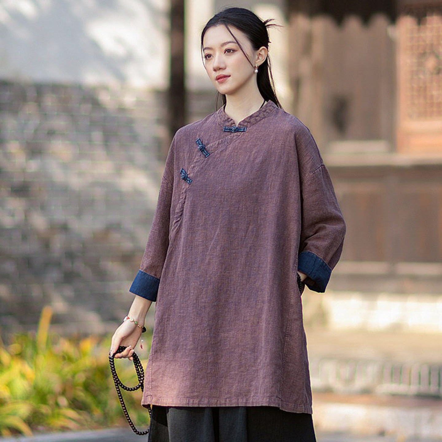 棉麻禅意佛系女装中长款斜襟上衣