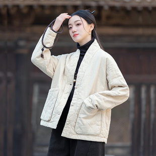 新中式棉服女2025年新款冬季棉麻夹棉外套 V领盘扣复古中国风棉袄