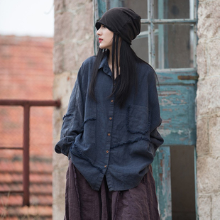 苎麻棉衬衫女春流浪风炒色磨毛做旧外套宽松大码设计感不规则上衣