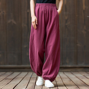 棉麻太极裤女2026新款宽松打坐长裤苎麻禅服裤休闲跑步灯笼瑜伽裤