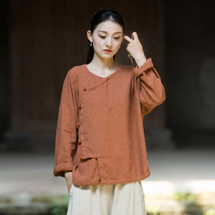 新中式棉麻上衣春季新款高端苎麻斜襟盘扣茶服小开衫禅意佛系女装