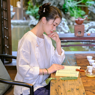 长袖 文艺复古棉麻女装 国风盘扣禅意茶服 上衣女春秋2025新款 新中式