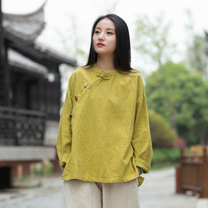 棉麻上衣女2023新款复古中国风偏襟拼色砂洗盘扣茶服长袖文艺衬衫