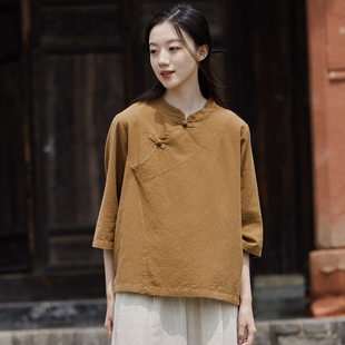 棉麻新中式上衣女夏 2026新款斜襟盘扣禅意茶服民国风文艺复古T恤