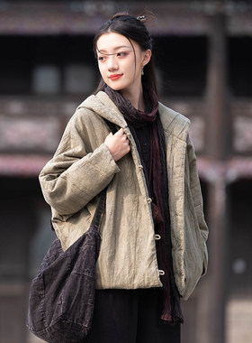 中式短款连帽棉衣女做旧夹棉外套