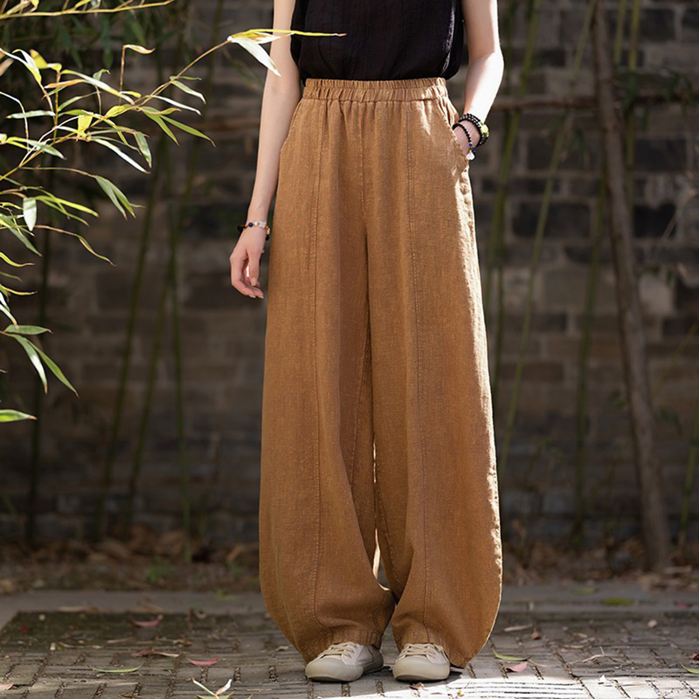 棉麻阔腿裤女春2026新款禅意亚麻休闲裤宽松长裤子打坐太极灯笼裤