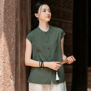 轻国风新中式亚麻上衣复古盘扣禅意佛系女装夏季无袖背心衬衣小衫