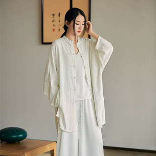 亚麻上衣女夏禅意复古盘扣自制茶服蝙蝠袖中长款外套宽松防晒开衫