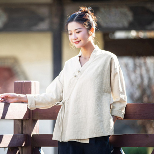 棉麻茶服女2026新款 V领盘扣复古民族风上衣偏襟改良汉服打坐禅服