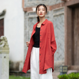 棉麻开衫2025新款文艺休闲苎麻上衣长袖翻领衬衫中长款外搭女春秋